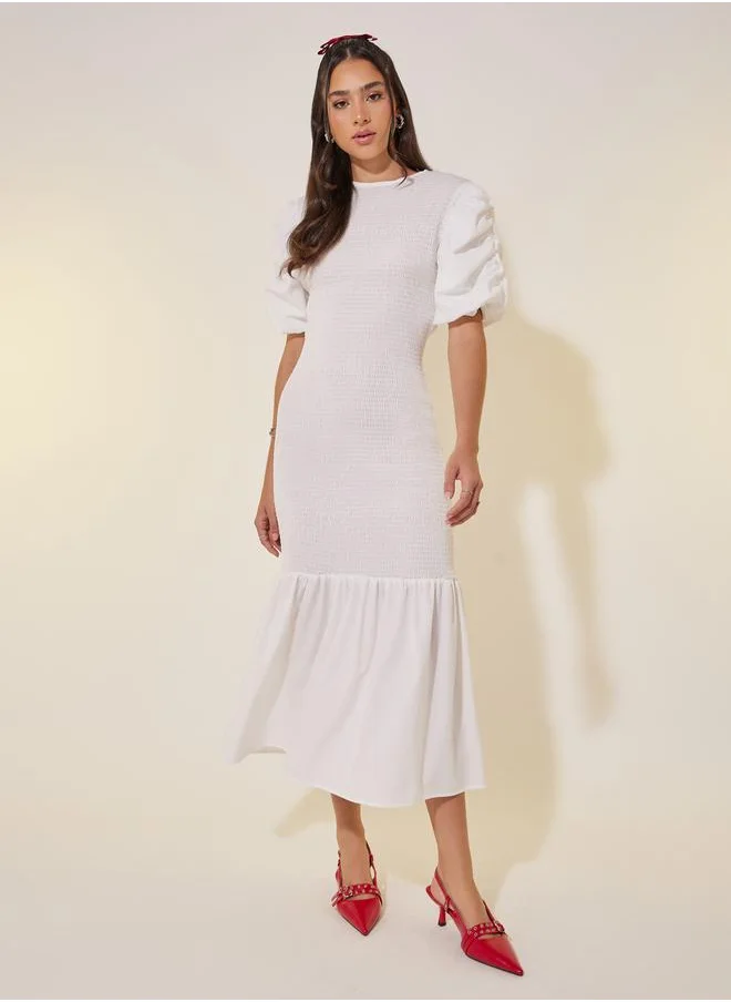 ستايلي Smocked Ruched Sleeves Sheath Midi Dress