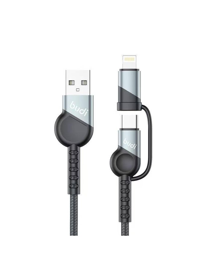 Budi 2-in-1 Fast Charging Cable compatible with Lightning and Type-C, 1M Braided Nylon, 3A USB Sync Cable, Aluminum Shell - Image 1