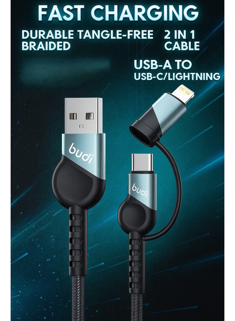 Budi 2-in-1 Fast Charging Cable compatible with Lightning and Type-C, 1M Braided Nylon, 3A USB Sync Cable, Aluminum Shell - Image 2