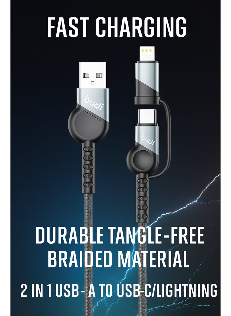 Budi 2-in-1 Fast Charging Cable compatible with Lightning and Type-C, 1M Braided Nylon, 3A USB Sync Cable, Aluminum Shell - Image 3