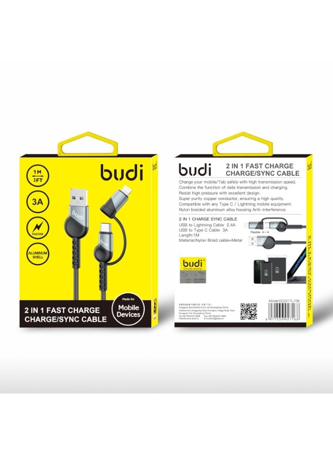 Budi 2-in-1 Fast Charging Cable compatible with Lightning and Type-C, 1M Braided Nylon, 3A USB Sync Cable, Aluminum Shell - Image 4