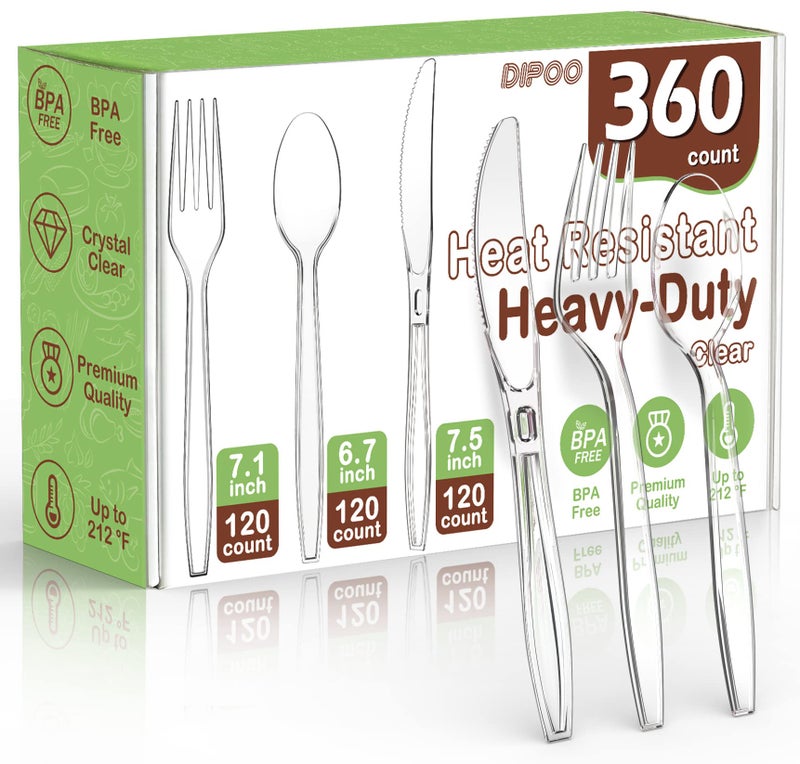 360 Count Plastic Silver Ware Heavy Duty 120 Forks 120 Spoons 120 Knives Heat Resistant  BPA Free Disposable SilverWare Disposable Cutlery set Premium Clear Utencils for Party Supply