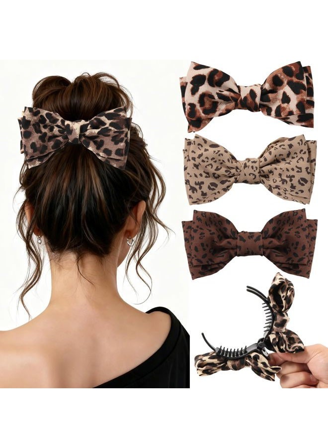 Auseibeely 4 Pcs Leopard Print Bow Claws Clips for Women - Decorative Bowknot Hair Clips for Ponytails/Half-Updo/Bun, Cheetah Elegant Polyester Bow Hair Clips - Christmas Stocking Stuffers - Image 1
