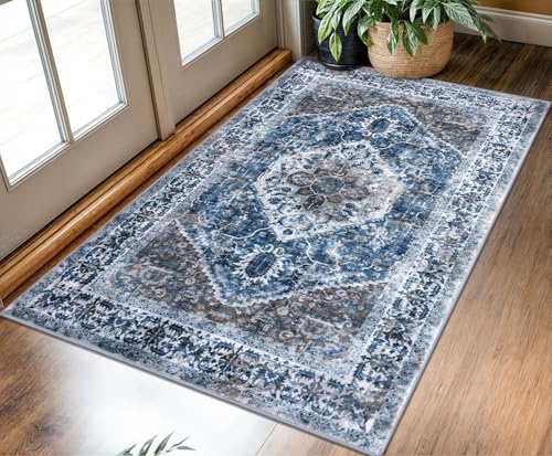 KOZYFLY Boho Area Rug 3x5 Ft Rugs for Entryway Washable Entry Rug Non Slip Door Mat Indoor Entrance Blue Printed Faux Wool Vintage Kitchen Rug Throw Rugs for Entrance Kitchen Living Room - Image 1