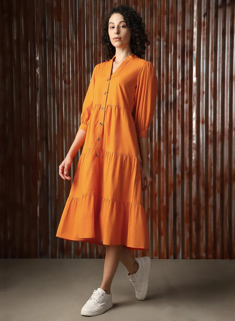 HIGH STAR Women's Orange Poplin Solid Midi A-Line Dress