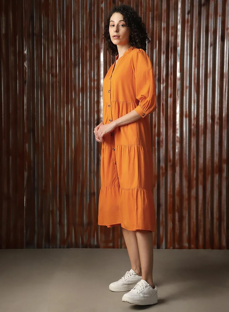 HIGH STAR Women's Orange Poplin Solid Midi A-Line Dress