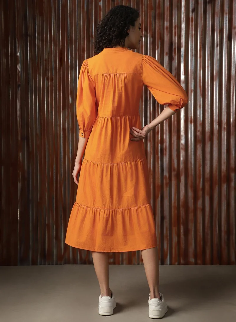 HIGH STAR Women's Orange Poplin Solid Midi A-Line Dress