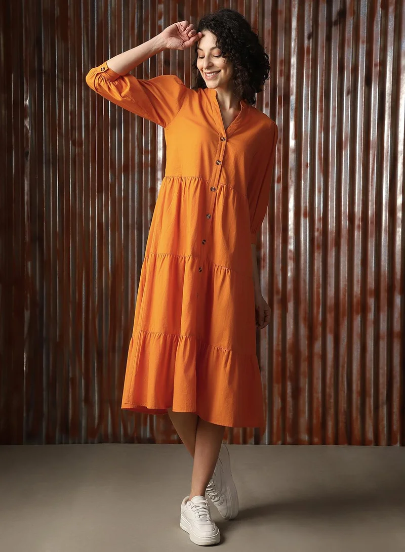 HIGH STAR Women's Orange Poplin Solid Midi A-Line Dress
