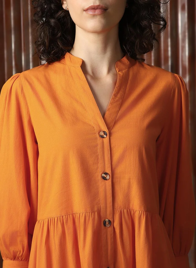 HIGH STAR Women's Orange Poplin Solid Midi A-Line Dress