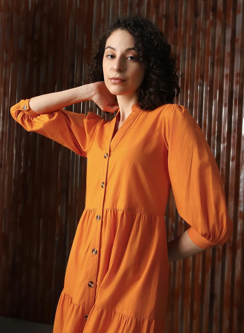 HIGH STAR Women's Orange Poplin Solid Midi A-Line Dress