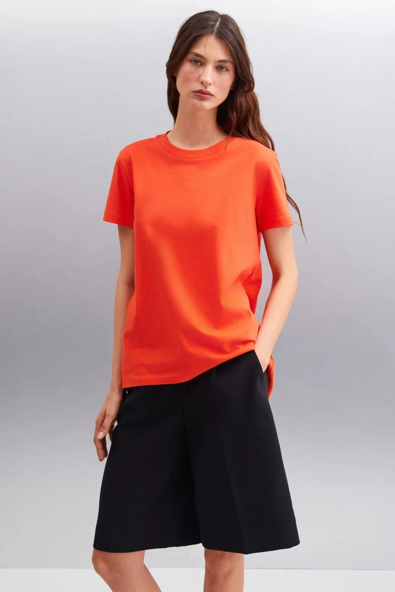GRIMELANGE Samantha Women's Comfort Fit 100% Organic Cotton Basic Knitted Red T-shirt