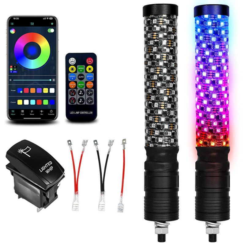 VI9000 2 Pack 1FT Fat Whip Lights LED Whip Lights with App Remote Control Spiral RGB Chasing Lighted Antenna Whips with Rocker Switch Music Whip Light for SXS UTV ATV RZRCanAm X3 OffRoad