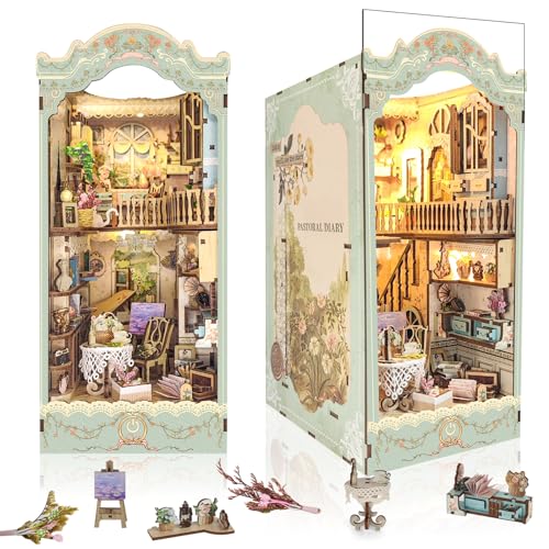 SUDOPOR DIY Book Nook KitDollhouse Booknook Bookshelf Insert Decor3D Wooden Puzzles with LED Dust CoverBook Nook Miniature KitBirthday Halloween Home Decor for Teens AdultCountryside Diary - Image 1
