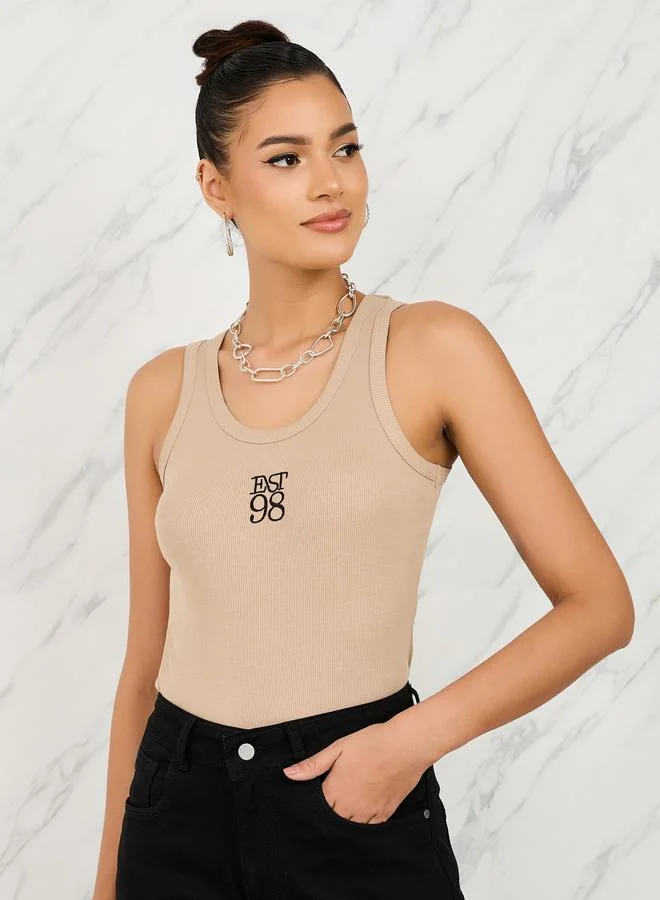 Styli Styli Fitted Est 98 Embroidered Ribbed Tank