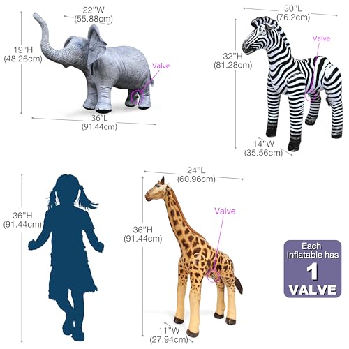 Jet Creations Wildlife Safari Inflatable Animals 3-Pack – Giraffe 36", Zebra 32", Elephant 19" – Jungle Theme Party, Halloween & Fall Decorations, VBS, Birthday Photo Props, Toys for Ages 3+ - Image 3