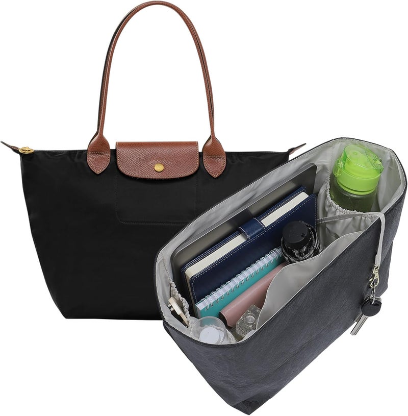 إدراج منظم الحقيبة DOXO لـ Longchamp Le Pliage متوسط، منظم حقيبة بـ 6 أقسام مع جيب بسحاب YKK، حامل أكواب، سلسلة مفاتيح، مشكل حقيبة يدوية خفيف الوزن من ورق Dupont المقاوم للماء (بيج أسود، M) - Image 1