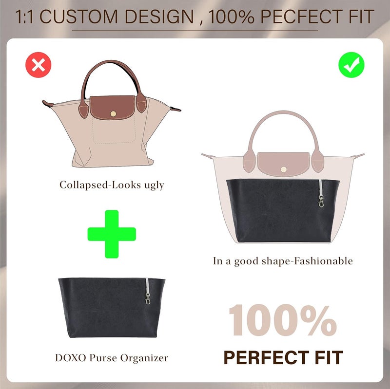 إدراج منظم الحقيبة DOXO لـ Longchamp Le Pliage متوسط، منظم حقيبة بـ 6 أقسام مع جيب بسحاب YKK، حامل أكواب، سلسلة مفاتيح، مشكل حقيبة يدوية خفيف الوزن من ورق Dupont المقاوم للماء (بيج أسود، M) - Image 3