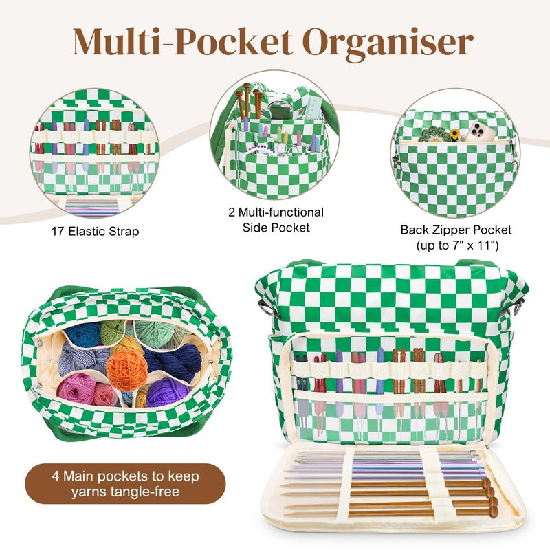 DALINDA Crochet Bag and Tote - Yarn Bag Crochet Storage Bag for Crochet Supplies,Crochet Accessories, Knitting Bag for Crochet Lovers, Ideal Crochet Gifts (Green Plaid) - Image 3