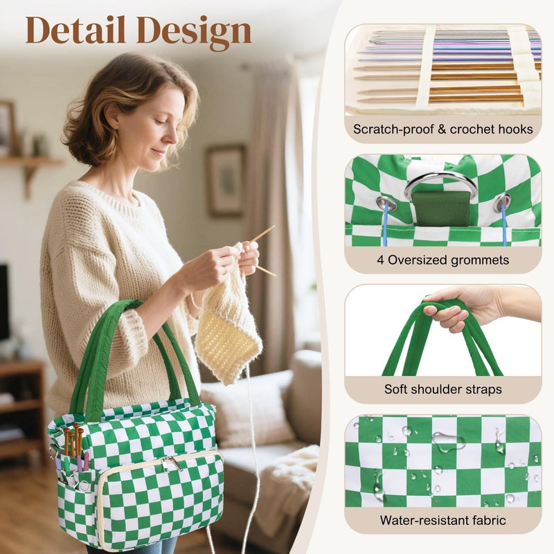 DALINDA Crochet Bag and Tote - Yarn Bag Crochet Storage Bag for Crochet Supplies,Crochet Accessories, Knitting Bag for Crochet Lovers, Ideal Crochet Gifts (Green Plaid) - Image 4