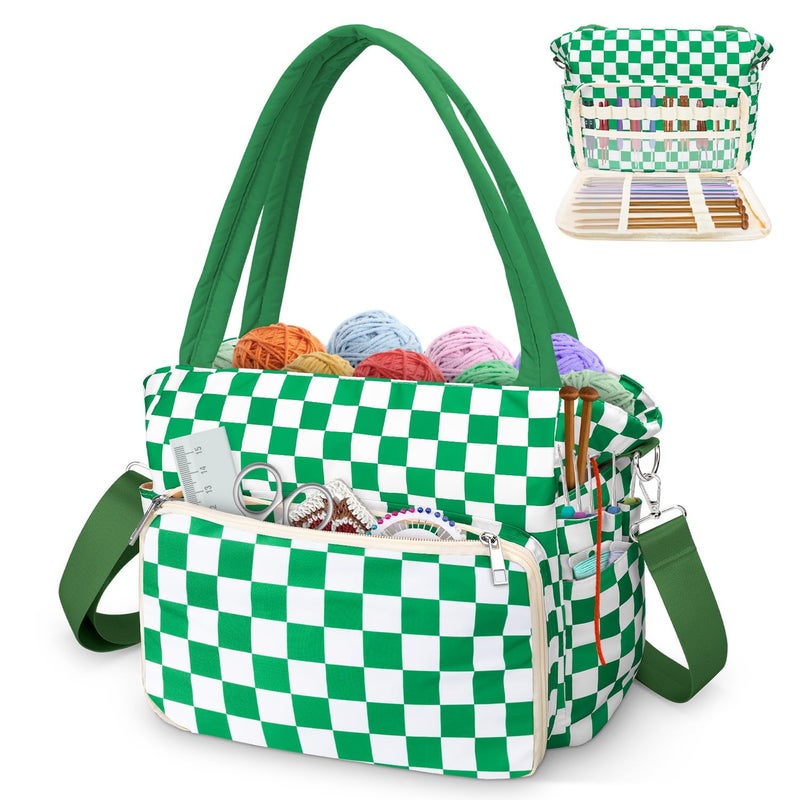 DALINDA Crochet Bag and Tote - Yarn Bag Crochet Storage Bag for Crochet Supplies,Crochet Accessories, Knitting Bag for Crochet Lovers, Ideal Crochet Gifts (Green Plaid) - Image 1