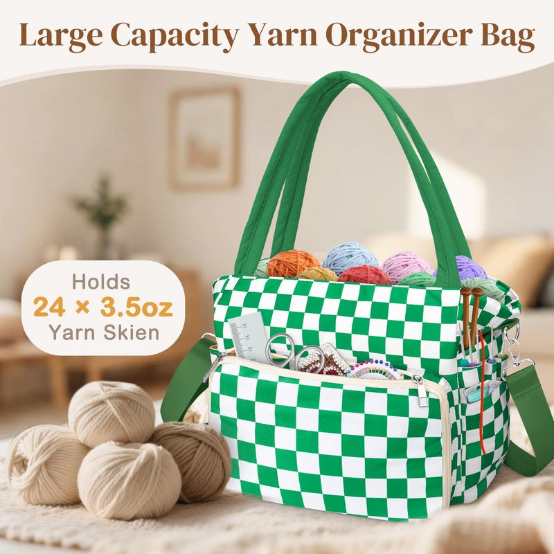 DALINDA Crochet Bag and Tote - Yarn Bag Crochet Storage Bag for Crochet Supplies,Crochet Accessories, Knitting Bag for Crochet Lovers, Ideal Crochet Gifts (Green Plaid) - Image 2