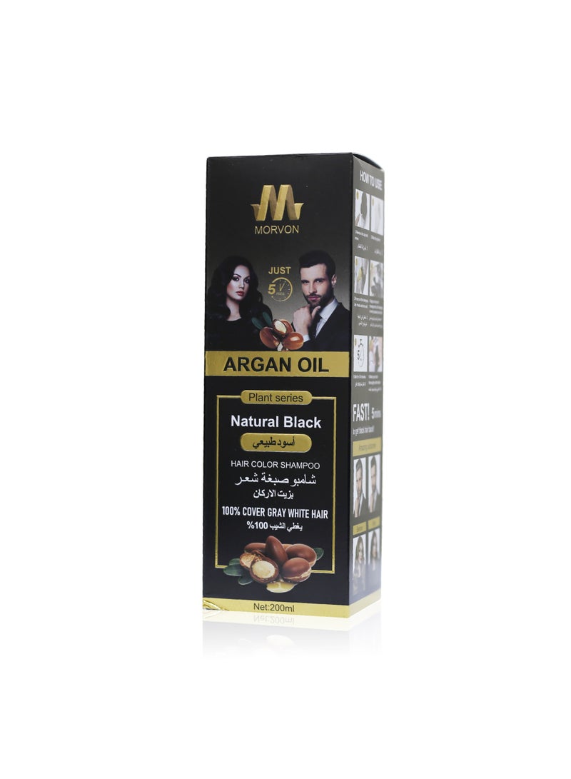 MORVON Argan Oil Hair Dye Shampoo, Natural Black, 200ml - Image 1