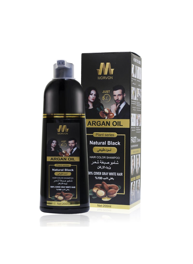 MORVON Argan Oil Hair Dye Shampoo, Natural Black, 200ml - Image 2