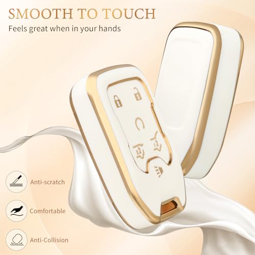 OFFCURVE غطاء مفتاح OFFCURVE لسيارة GMC Yukon/Yukon XL Terrain Acadia Sierra غلاف مفتاح TPU ناعم لسيارات Chevy Chevrolet Suburban Tahoe ملحقات السيارة حامل مفتاح ذكي عن بُعد 6 أزرار واقي مفتاح، أبيض - Image 3