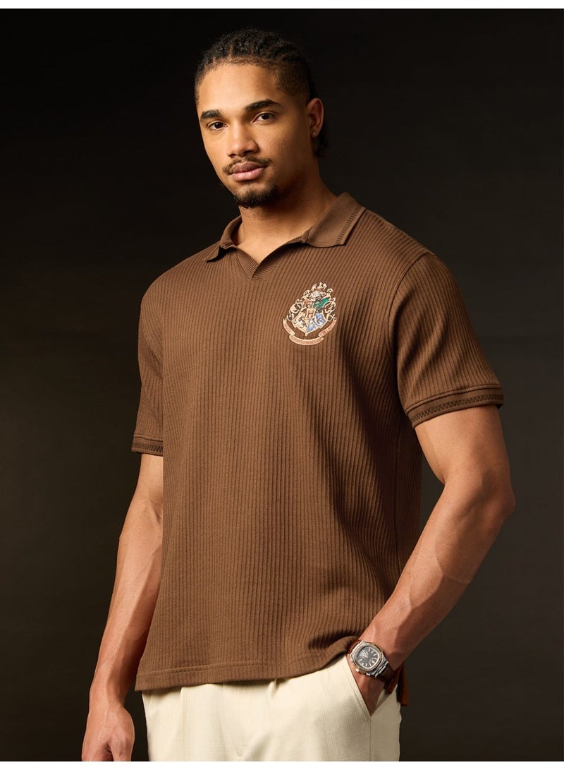The Souled Store Harry Potter: The Seeker Men and Boys Short Sleeve Spread Collar Dark Brown Embroidered Cotton Blend Regular Fit Stretch Fabric Breathable Polo Shirts - Image 1