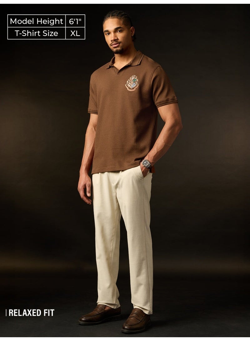 The Souled Store Harry Potter: The Seeker Men and Boys Short Sleeve Spread Collar Dark Brown Embroidered Cotton Blend Regular Fit Stretch Fabric Breathable Polo Shirts - Image 2