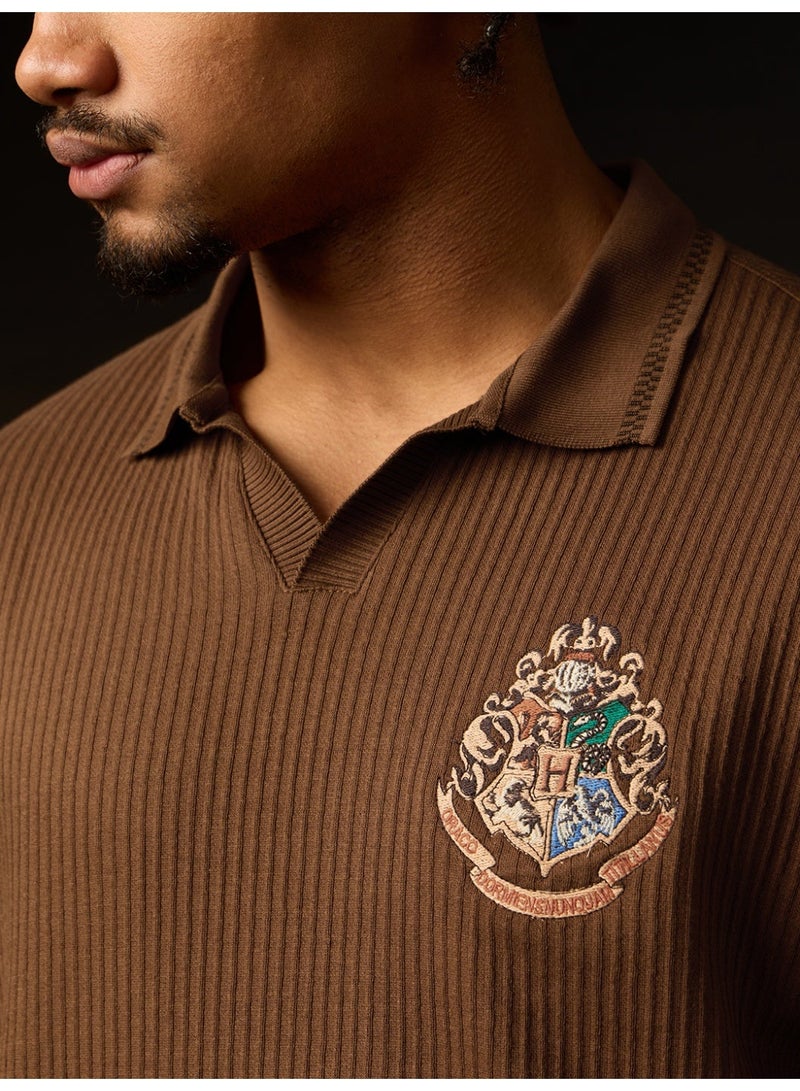 The Souled Store Harry Potter: The Seeker Men and Boys Short Sleeve Spread Collar Dark Brown Embroidered Cotton Blend Regular Fit Stretch Fabric Breathable Polo Shirts - Image 5