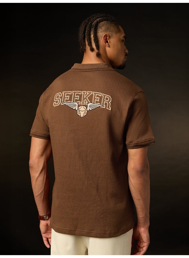 The Souled Store Harry Potter: The Seeker Men and Boys Short Sleeve Spread Collar Dark Brown Embroidered Cotton Blend Regular Fit Stretch Fabric Breathable Polo Shirts - Image 3