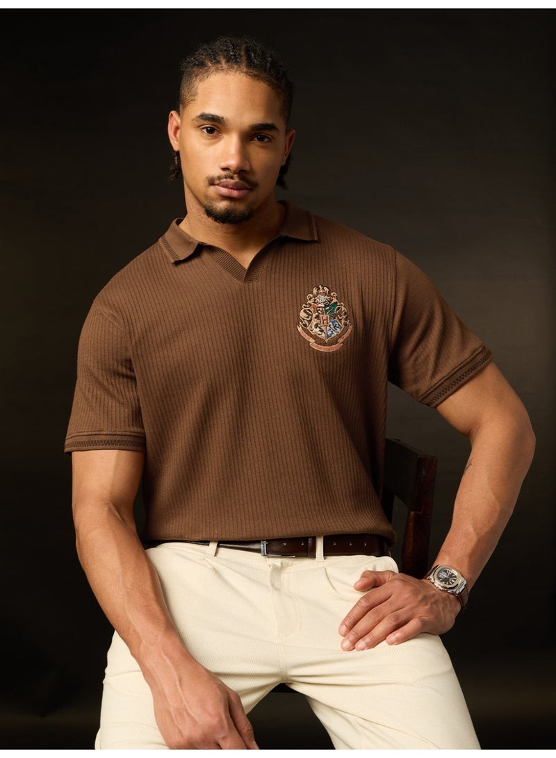 The Souled Store Harry Potter: The Seeker Men and Boys Short Sleeve Spread Collar Dark Brown Embroidered Cotton Blend Regular Fit Stretch Fabric Breathable Polo Shirts - Image 4