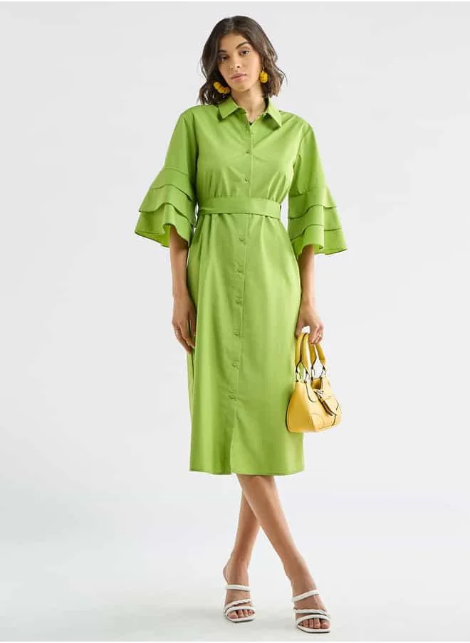 FAV Solid Shirt Dress with Ruffle Sleeves and Belt