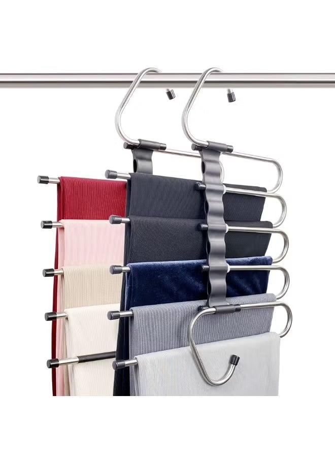 2-Pack 5-Tier Space Saving Pants Hanger with 10 Metal Clips – Multi-Layer Closet Organizer for Jeans, Hijabs & Scarves - Image 1