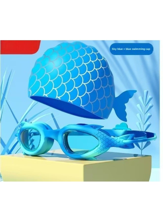 Generic Children's Swimming Goggles Anti-fog Boys And Girls Small Frame Goggles Swimming Training Diving Fish-shaped High-definition Waterproof Professional Equipment-Color:Sky Blue Fish Cartoon Blue Silicone Cap - Image 1