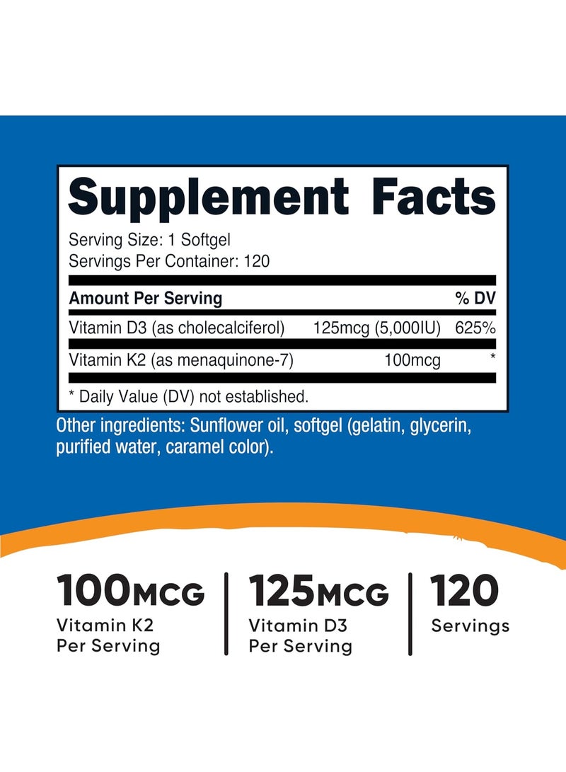 Nutricost Vitamin K2 (mk7) (100mcg) + Vitamin D3 5000iu 120 Softgels - Image 2