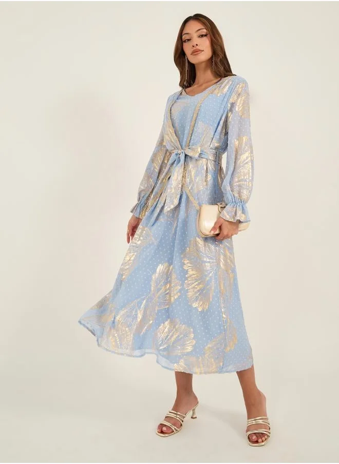 KL Textured Dobby Foil Print Front Tie-Up Jalabiya by Styli