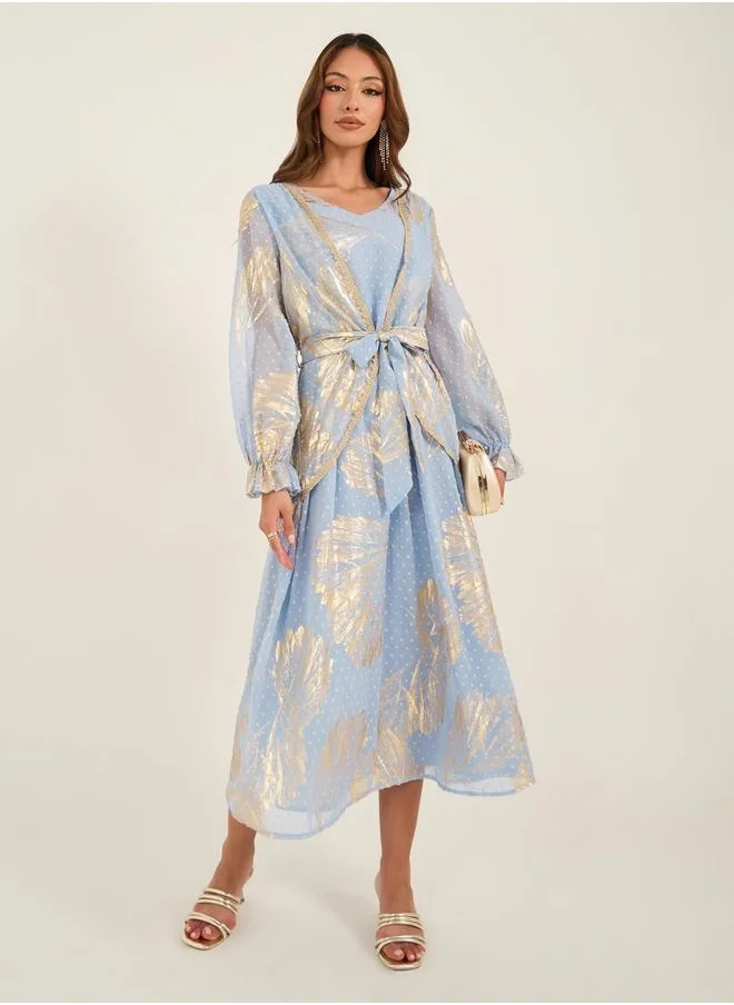 KL Textured Dobby Foil Print Front Tie-Up Jalabiya by Styli