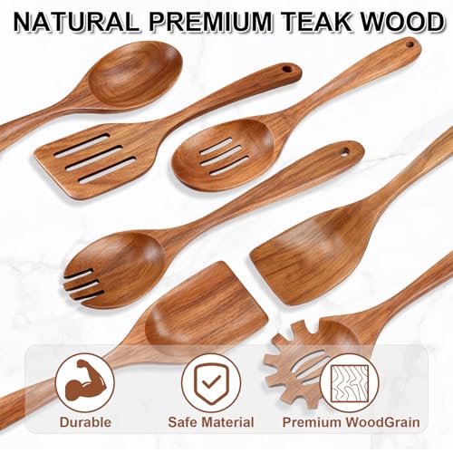 Herda Wooden Spoons for Cooking, 7 Piece Natural Teak Wooden Kitchen Utensil Set, Wooden Utensils for Cooking with Long & Comfort Grip, Cooking Utensils Set Perfect for Non-Stick Cookware - Image 3