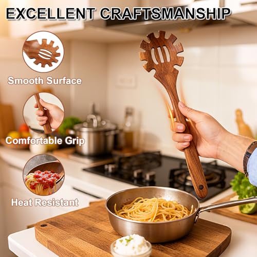 Herda Wooden Spoons for Cooking, 7 Piece Natural Teak Wooden Kitchen Utensil Set, Wooden Utensils for Cooking with Long & Comfort Grip, Cooking Utensils Set Perfect for Non-Stick Cookware - Image 4
