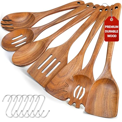 Herda Wooden Spoons for Cooking, 7 Piece Natural Teak Wooden Kitchen Utensil Set, Wooden Utensils for Cooking with Long & Comfort Grip, Cooking Utensils Set Perfect for Non-Stick Cookware - Image 1