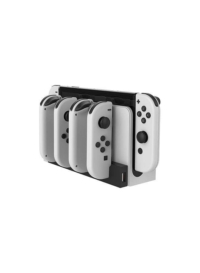 بروماس قاعدة شحن وحدة تحكم ألعاب سويتش، متوافقة مع وحدات تحكم سويتش نينتندو وجويكون، تشحن 4 وحدات تحكم إضافية، لا توجد كابلات إضافية، مادة ABS متينة، أضواء مؤشر LED، أسود أبيض - Image 1