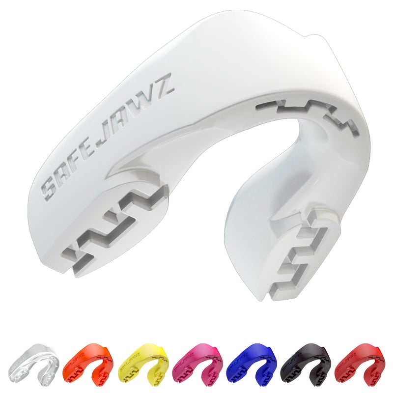 SAFEJAWZ Sports Mouthguard Slim Fit Adult and Junior Mouth Guard with Case for Boxing Basketball Lacrosse Football MMA Martial Arts Hockey and All Contact Sports Adult 12 Years White