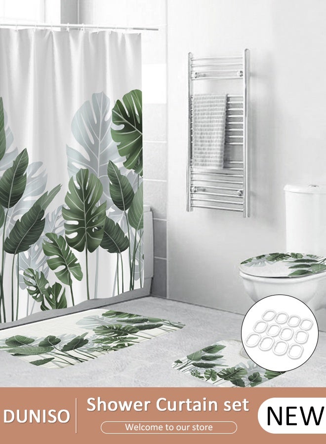 DUNISO 4 Pcs Bathroom Shower Curtain Set, Bathroom Sets with Rugs(Bath Mat, U Shape and Toilet Lid Cover Mat) and Shower Curtain With 12 Metal Hooks, Water Absorbent, Machine Washable Bath Rugs For Bathroom - Image 1