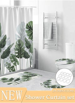 4 Pcs Bathroom Shower Curtain Set, Bathroom Sets with Rugs(Bath Mat, U Shape and Toilet Lid Cover Mat) and Shower Curtain With 12 Metal Hooks, Water Absorbent, Machine Washable Bath Rugs For Bathroom