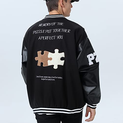 Moshtashio Mens Varsity College Jacket Baseball Bomber Jacket Vintage Sweatshirt Casual Unisex Streetwear Coats with Patch (1 Black, Medium) - Image 2