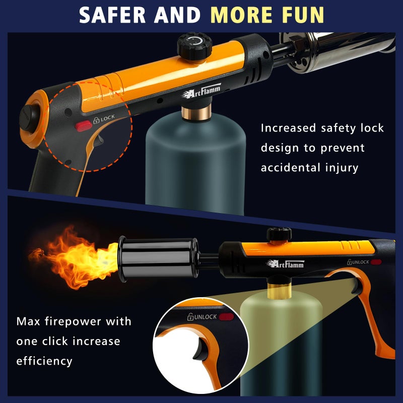 ARTFLAMM Powerful Propane Torch Gun, Flamethrower with Turbo Mode, Charcoal Torch Lighter with Safety Lock, Kitchen Blow Torch for Cooking, BBQ, Searing Steak, Grill(Tank Not Included) - Image 3