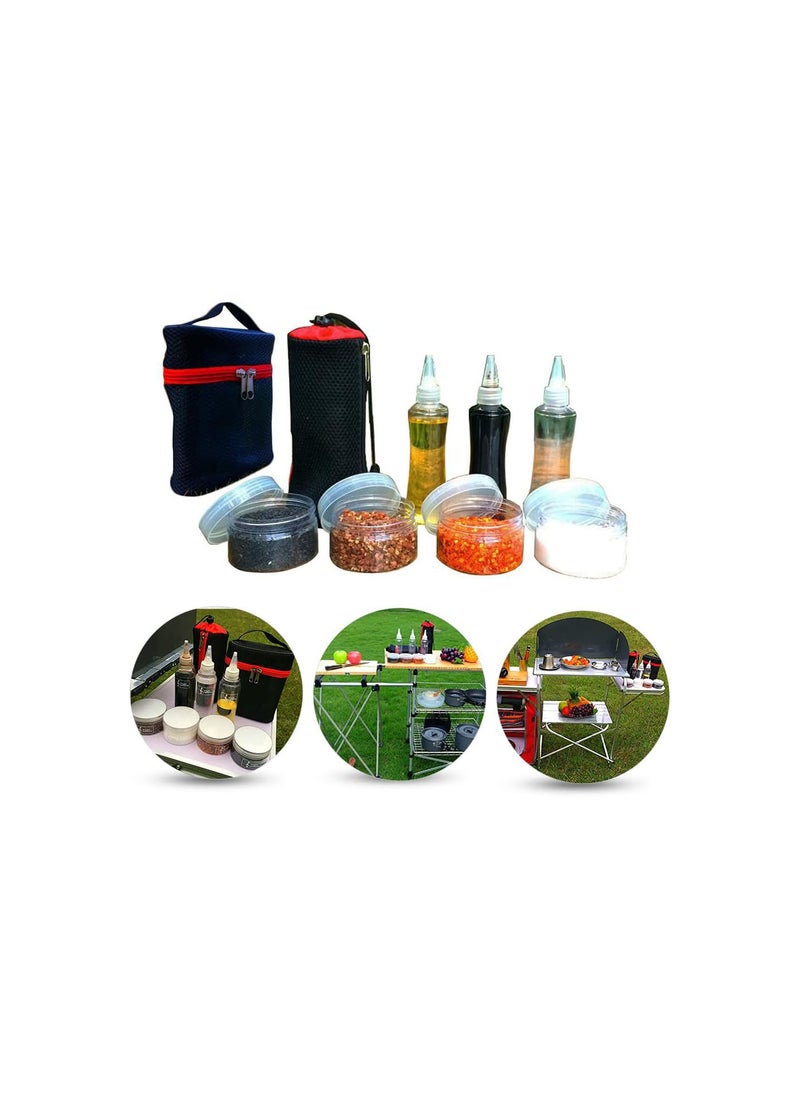 Sauce Condiment Containers Spice Jar Include 3 Pointed Mouth Bottles 4 Round Cans 2 Storage Bags,Environmental Protection, Ultra-light,BBQ Spice Bottles Set for Outdoor Camping Picnic