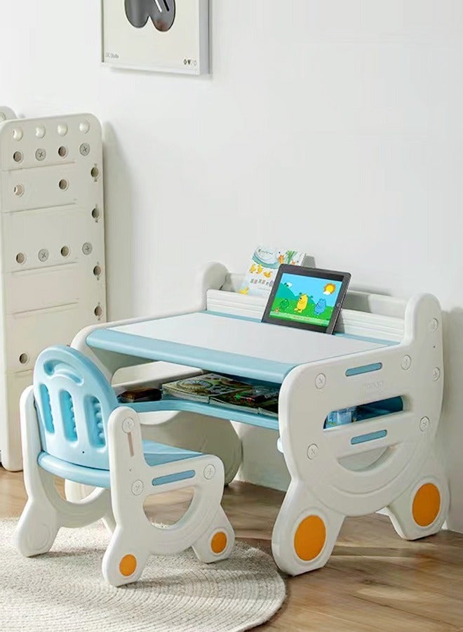 fashionhome Multifunction Kid's Table and Chair Set Multipurpose Use Safe Concave Design Multiple Storage Study Desk with Built in Tablet Holder Bookshelf Under Desk Storage Rack and Ergonomic Design Stable and Lightweight Chair for Learning Studying Workstation 78x55x61 and 36x28x54 cm - Image 2